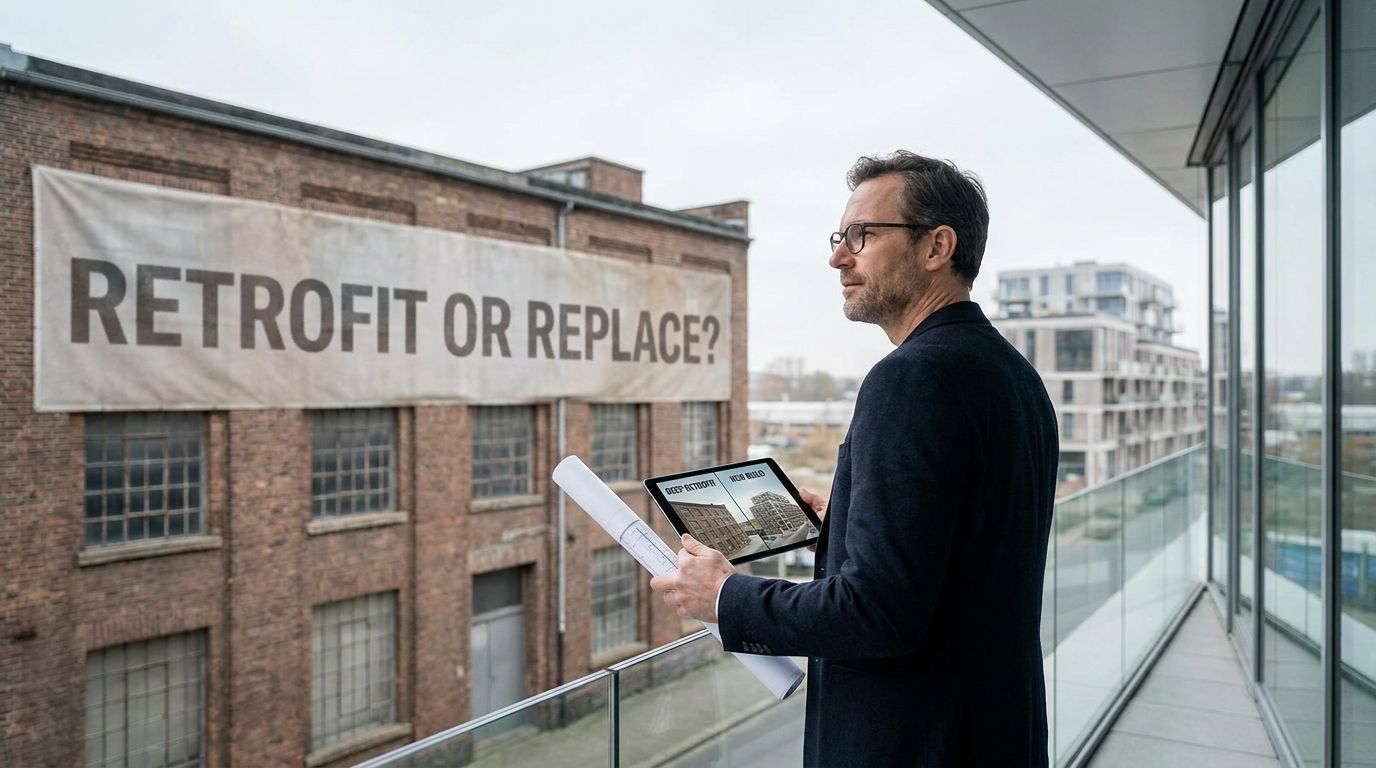 Architect reviewing retrofit plans inside an older building beside a new construction concept