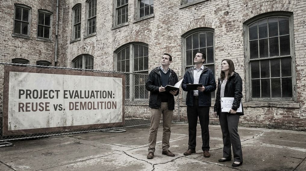Developers reviewing plans inside an older building to assess adaptive reuse vs demolition
