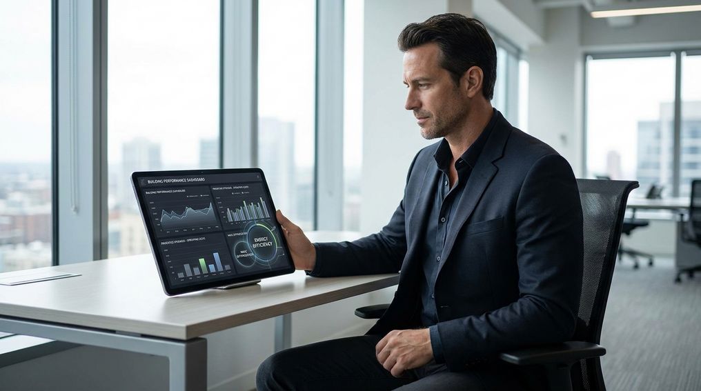 Facility manager reviewing energy use on a tablet in an efficient commercial building